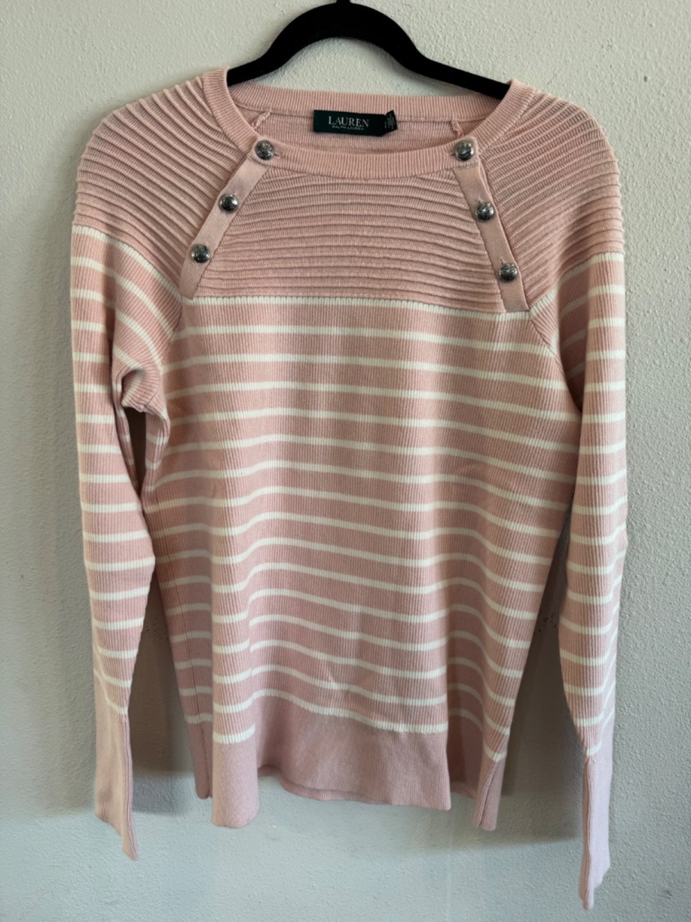 Lauren Ralph Lauren Pink & White Striped Sweater Large